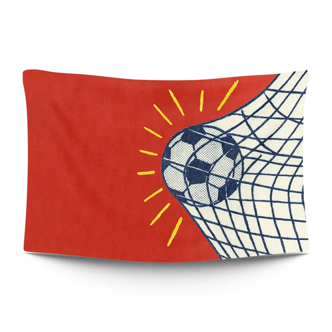 Footballer mid-celebration with arms wide after a spectacular goal — LoudBorders wall tapestry.