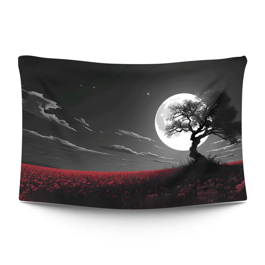Gothic cathedral spires and ironwork tracery silhouetted against a hung moon over deep velvet shadows — LoudBorders wall tapestry.