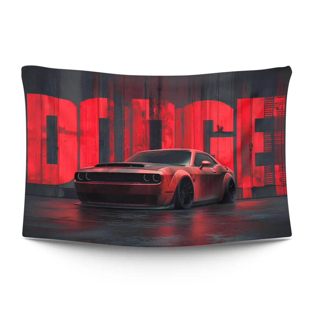 Dodge Hellcat muscle car silhouette in full prowl with glowing brake lights — LoudBorders wall tapestry.