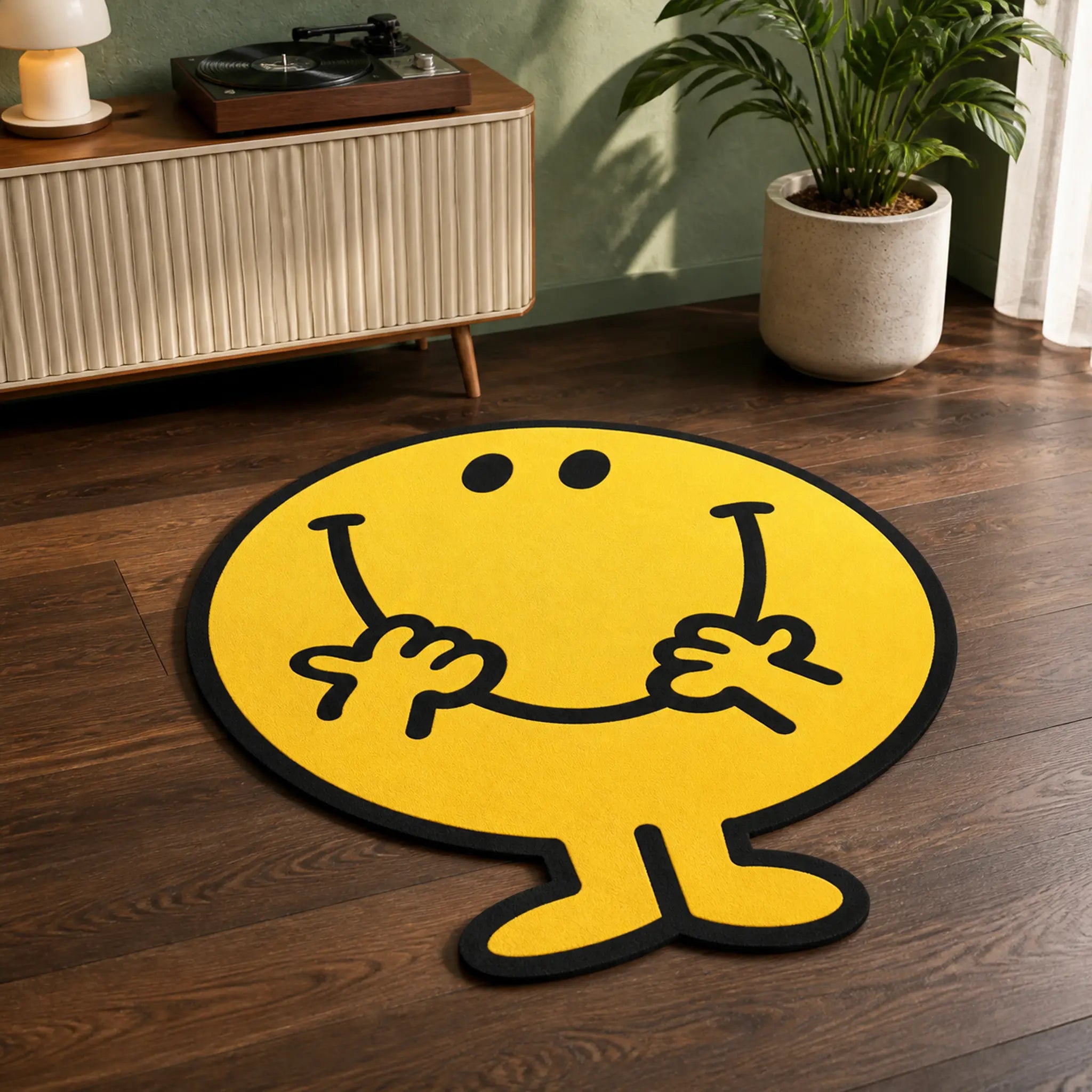 Hold That Smile die-cut rug — yellow retro smiley holding its own grin up with both hands, cut to the character shape with black edge binding
