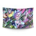 Lab-coated cartoon scientist mid-portal-jump with a swirling acid-green dimensional rift — LoudBorders wall tapestry.