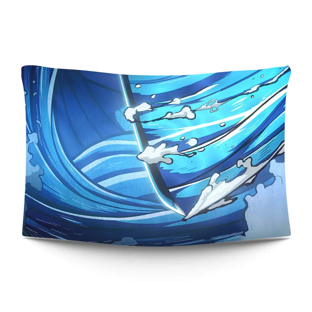Swordsman silhouette inside a swirling water-breath wave in deep ocean blues — LoudBorders wall tapestry.