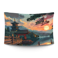 Kyoto pagoda and tiled rooftops silhouetted against a molten orange sunset sky — LoudBorders wall tapestry.