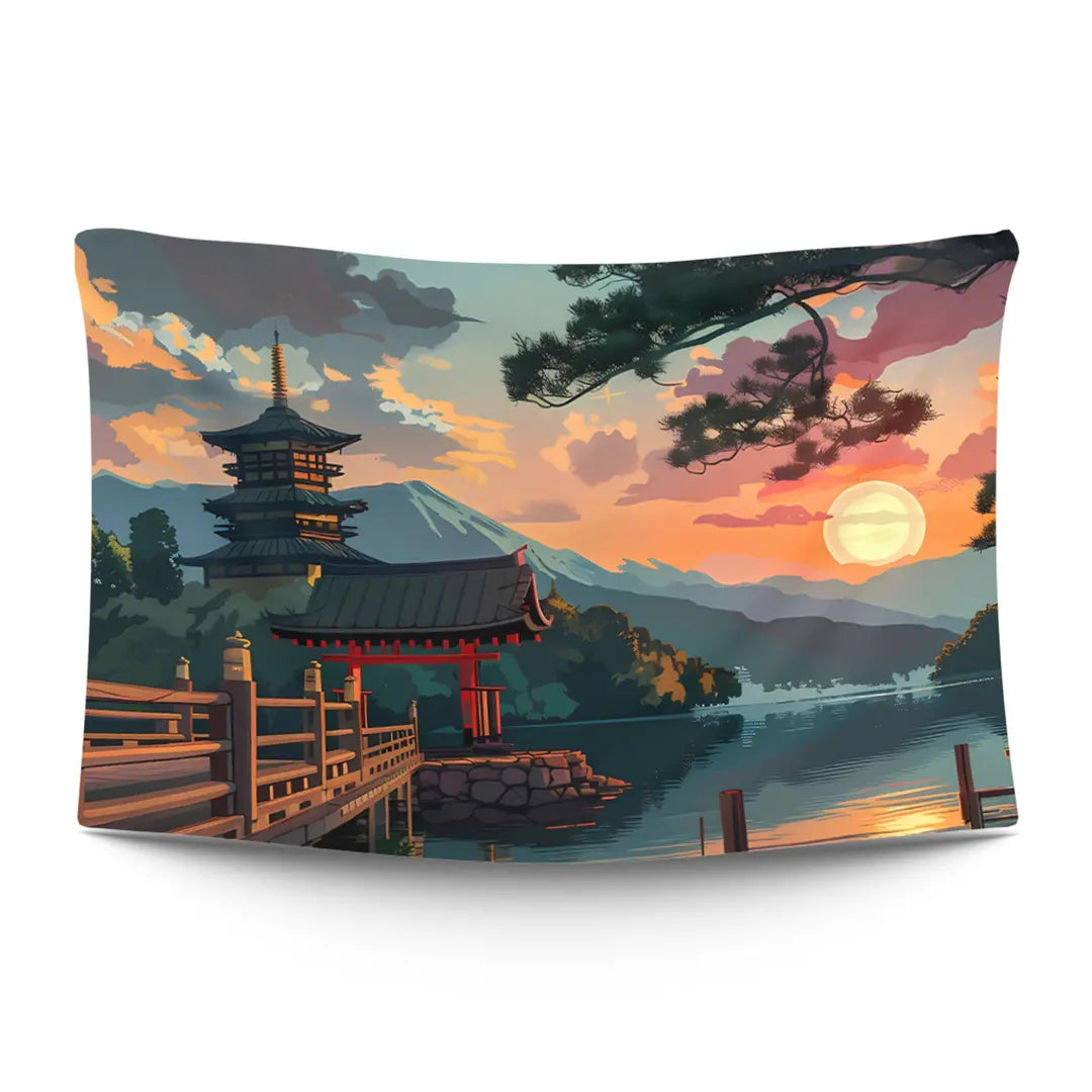 Kyoto pagoda and tiled rooftops silhouetted against a molten orange sunset sky — LoudBorders wall tapestry.
