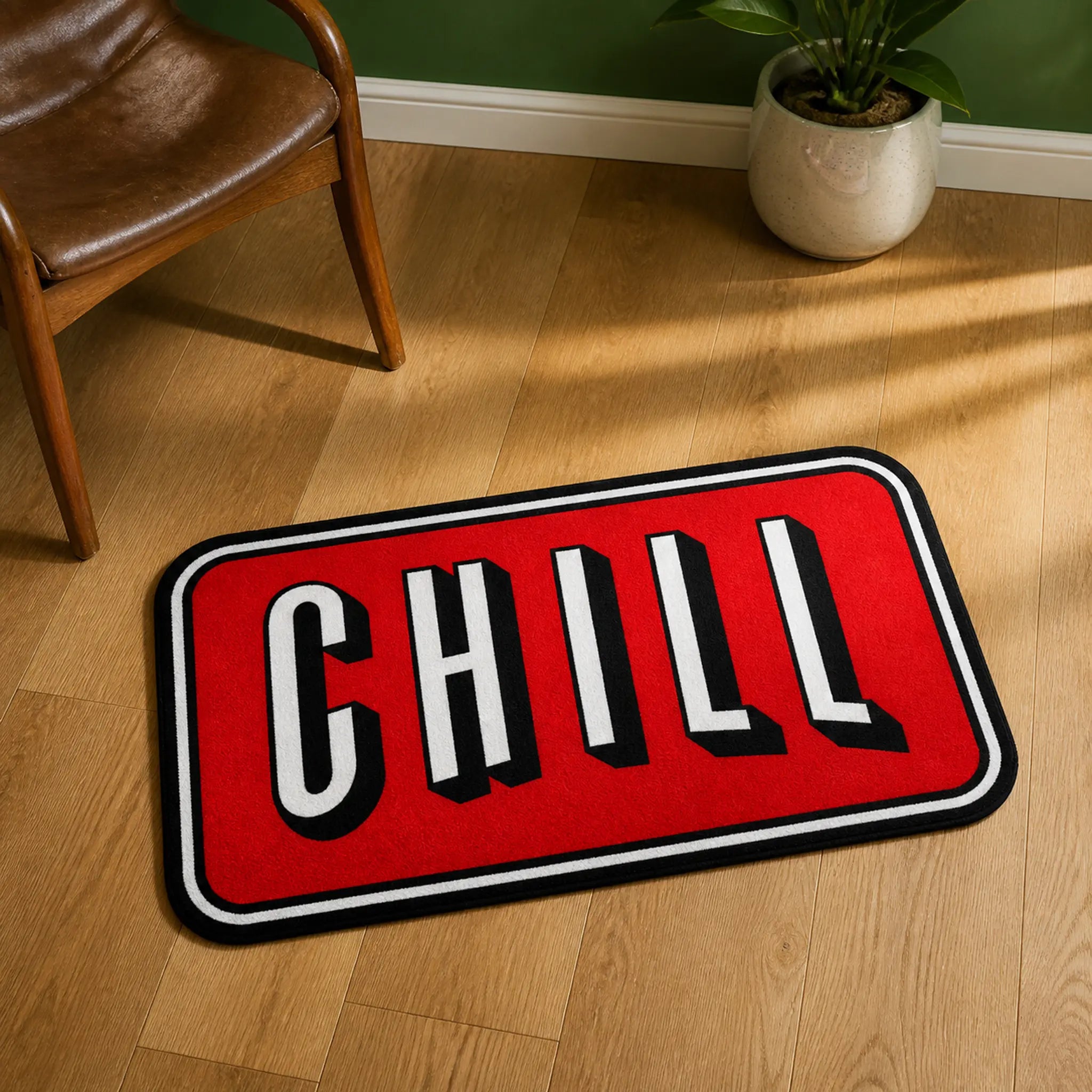 Keep It Chill die-cut rug — red rounded sign with CHILL in white 3D block letters, cut to the sign shape with black edge binding