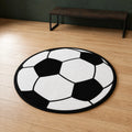 Kick-Off Classic die-cut rug — classic black-and-white football with hexagon and pentagon panels, cut to the circle with black edge binding
