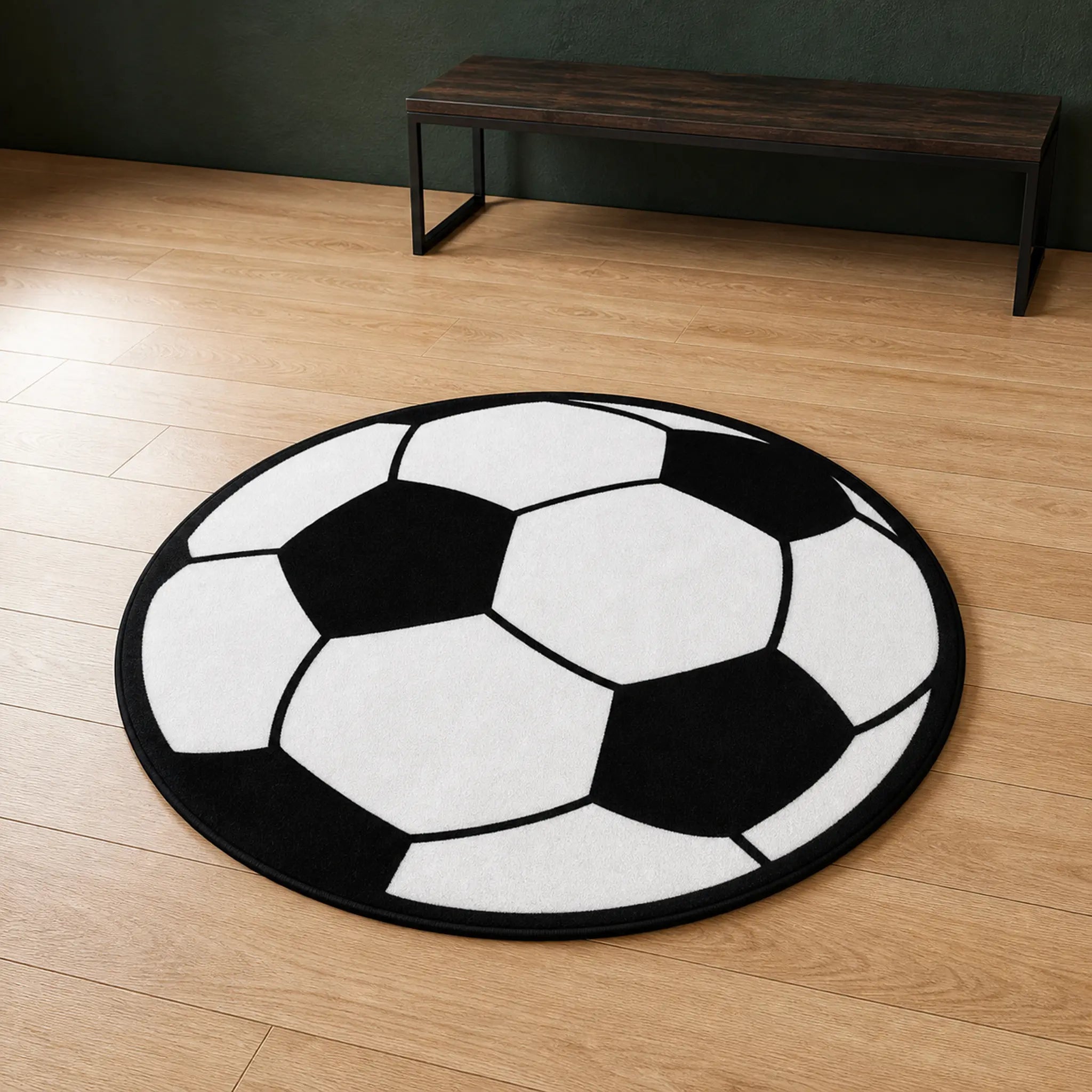 Kick-Off Classic die-cut rug — classic black-and-white football with hexagon and pentagon panels, cut to the circle with black edge binding