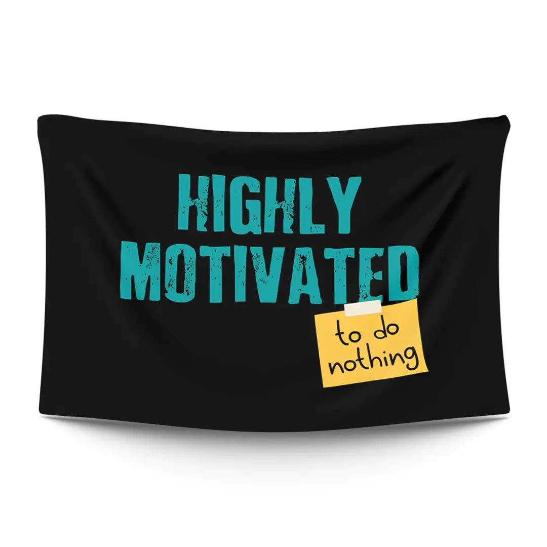 Bold ‘LAZY GENIUS’ typographic statement in stark light type on a moody dark backdrop — LoudBorders wall tapestry.
