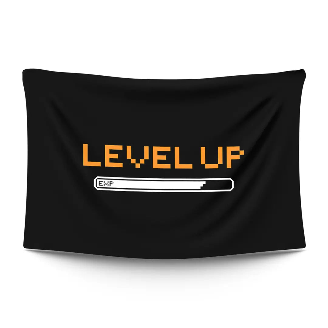 Bold ‘LEVEL UP’ typographic statement in pixel-style type — RPG notification aesthetic, LoudBorders wall tapestry.