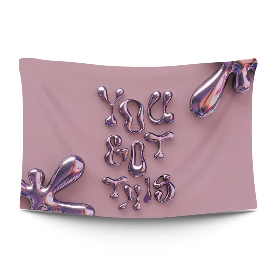 Bold ‘LIQUID CONFIDENCE’ typographic statement in stark light type on a moody dark backdrop — LoudBorders wall tapestry.