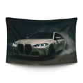 Matte-black BMW M4 silhouette with kidney grille and smoke-grey contours — LoudBorders wall tapestry.