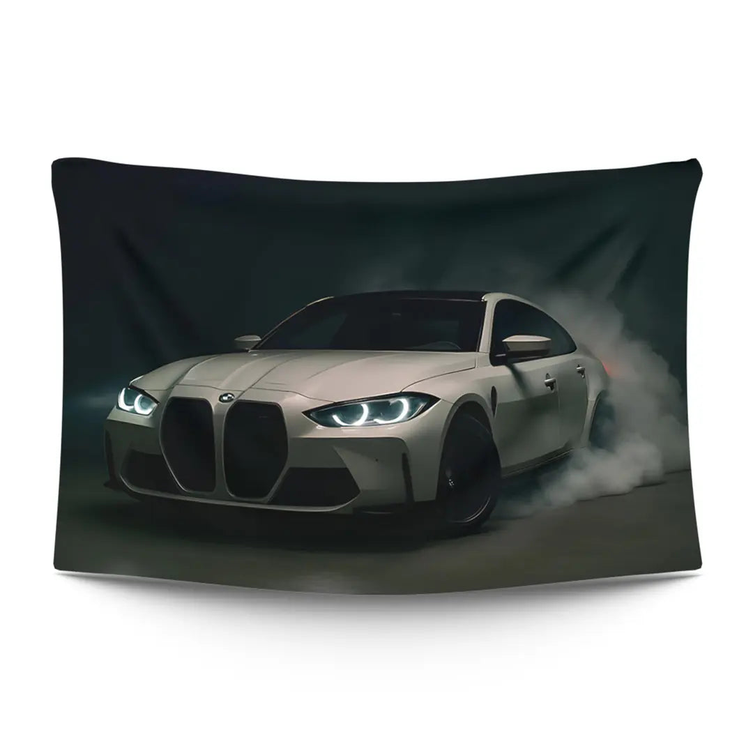 Matte-black BMW M4 silhouette with kidney grille and smoke-grey contours — LoudBorders wall tapestry.