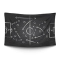 Football tactical board with formation lines, run arrows and set-piece overlays in coach-whiteboard chalk — LoudBorders wall tapestry.
