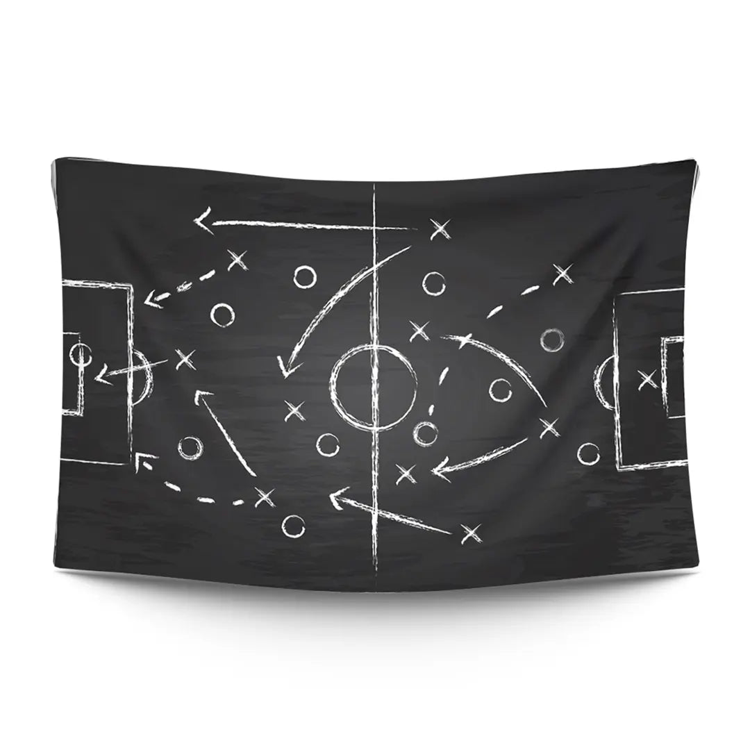 Football tactical board with formation lines, run arrows and set-piece overlays in coach-whiteboard chalk — LoudBorders wall tapestry.