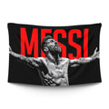 Lionel Messi mid-stride with head down and ball tied to his left boot — LoudBorders wall tapestry.