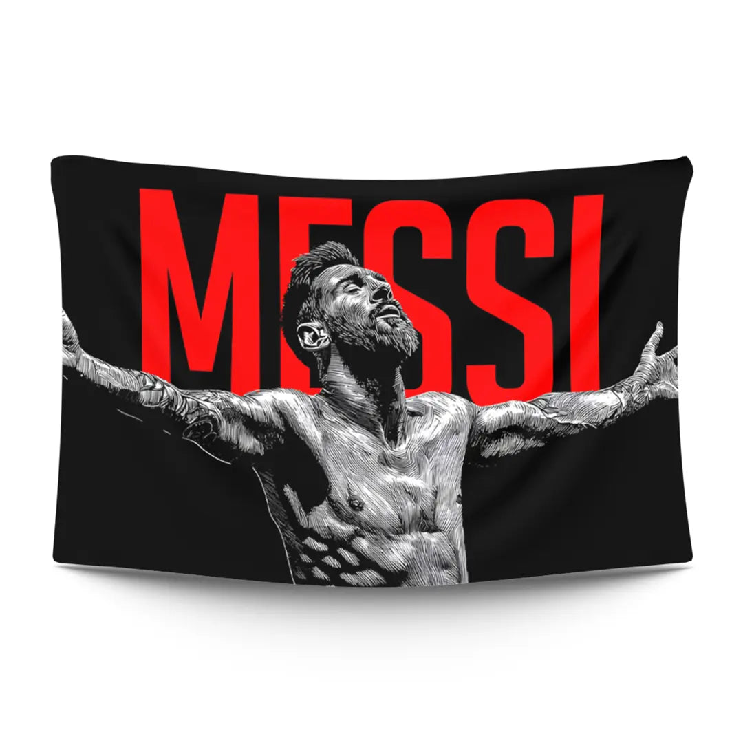 Lionel Messi mid-stride with head down and ball tied to his left boot — LoudBorders wall tapestry.