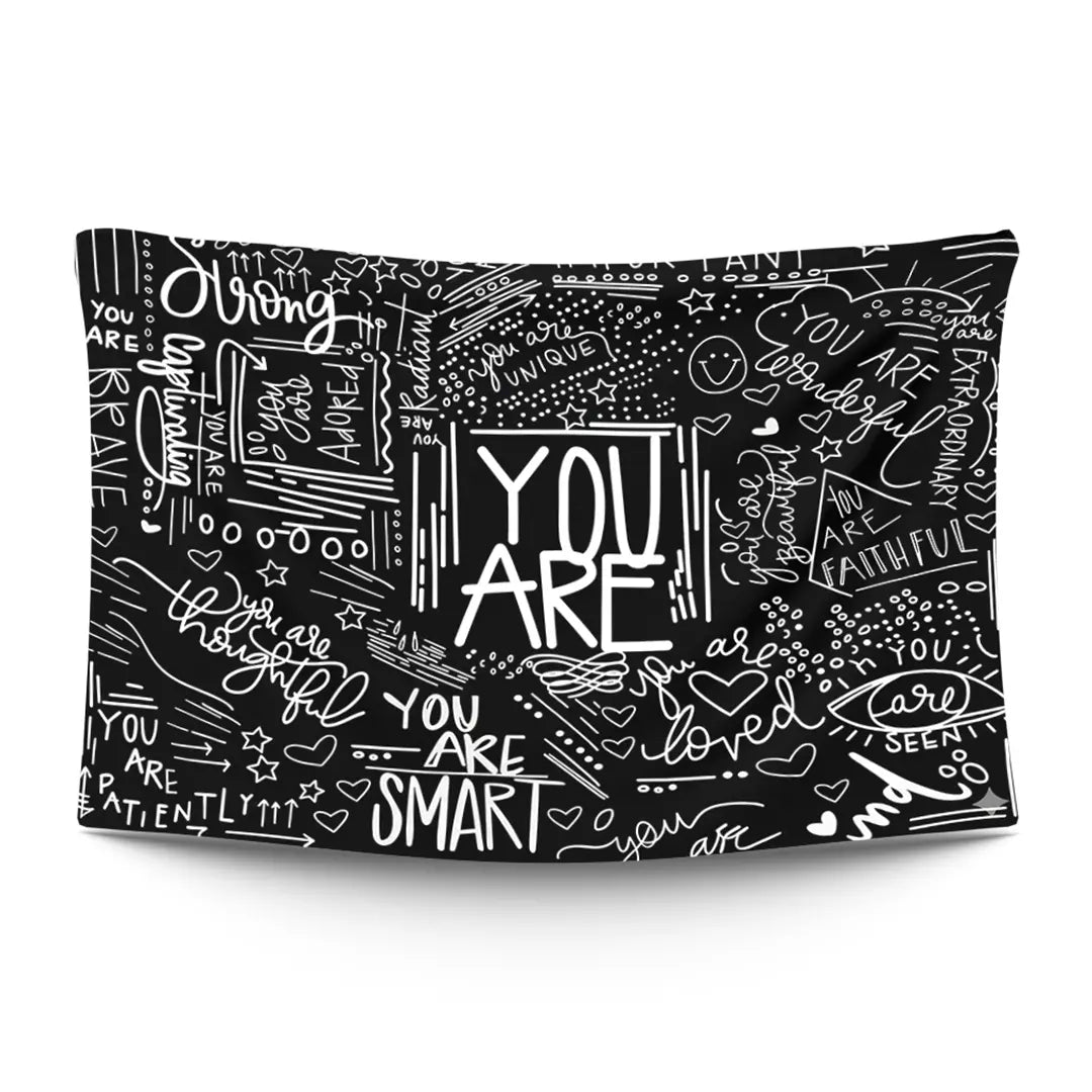 Bold ‘MIRROR TALK’ typographic statement in stark light type on a moody dark backdrop — LoudBorders wall tapestry.
