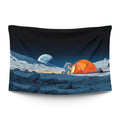 Campsite under an oversized moon with pitched tent and low fire — LoudBorders wall tapestry.