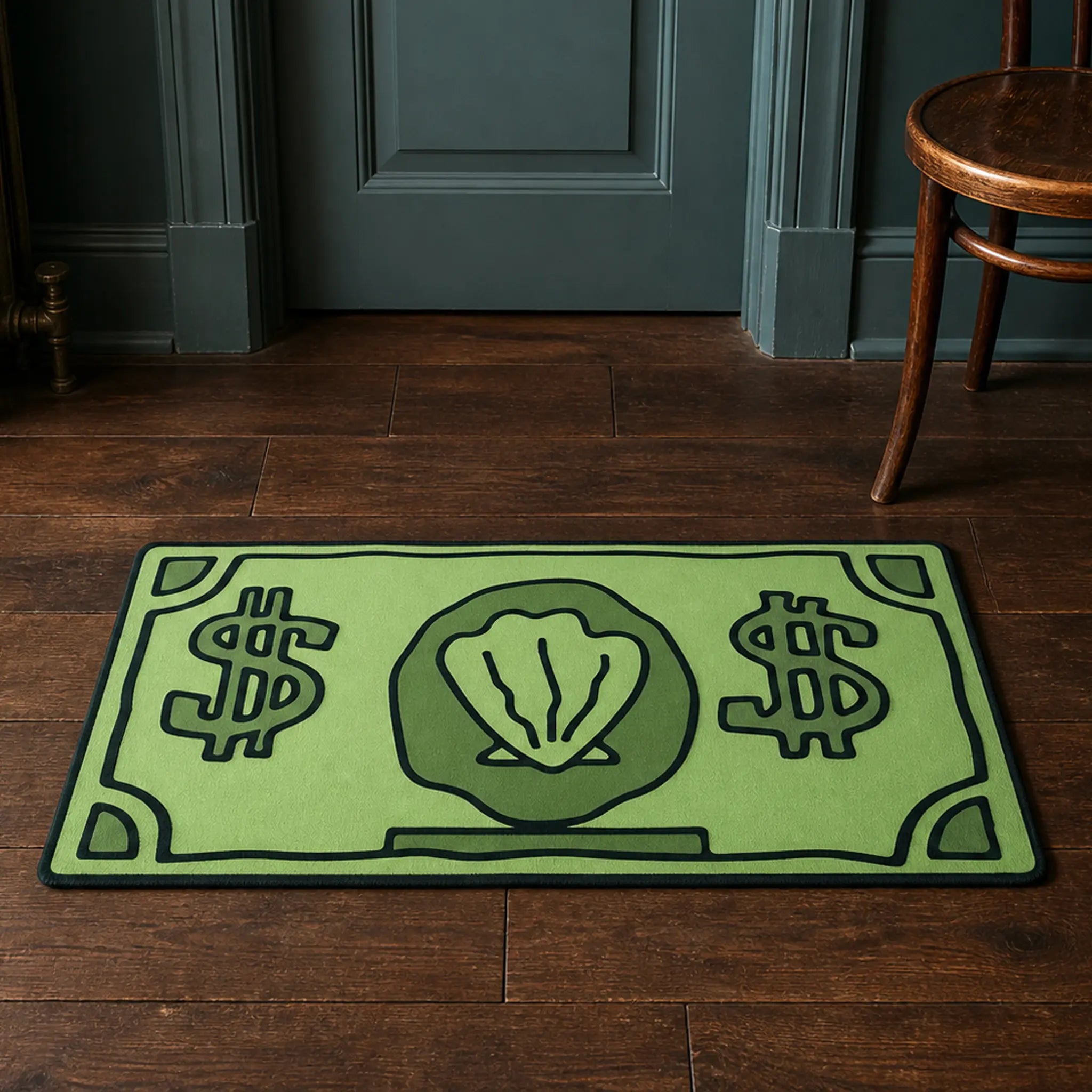 Money Shell die-cut rug — green banknote with dollar signs and a clam shell medallion, cut to the note shape with black edge binding