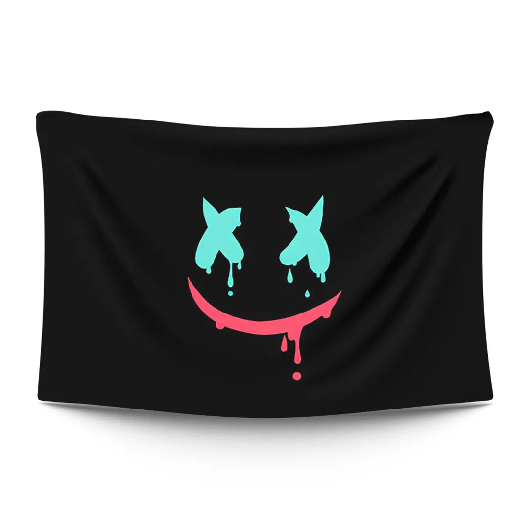 Marshmello’s marshmallow-helmet silhouette flooded in hot magenta and electric cyan neon — LoudBorders wall tapestry.