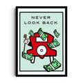 NEVER BACK — A Monopoly-style mogul strides forward with his cane while loose bills flutter in his, framed wall art poster
