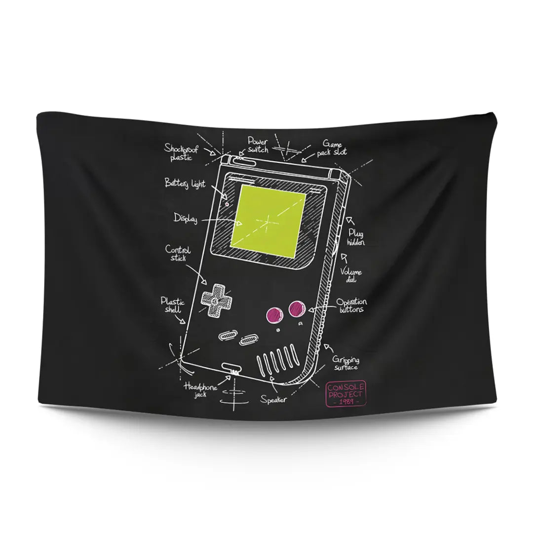 1989 Nintendo Game Boy with gray-brick chassis, mossy green LCD glow and cross-pad — LoudBorders wall tapestry.