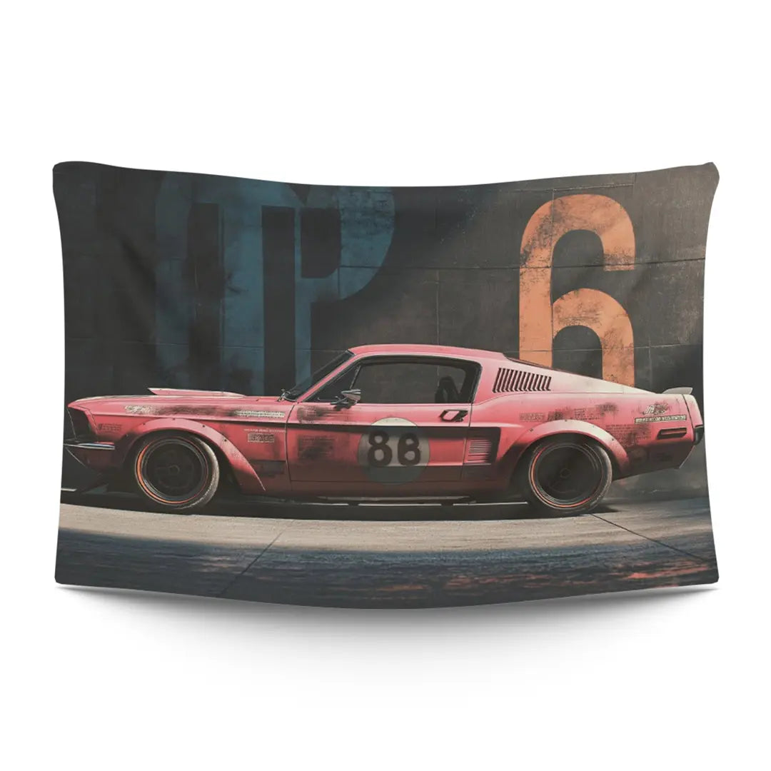 NASCAR-style #88 stock car silhouette in racing livery with sponsor decals — LoudBorders wall tapestry.