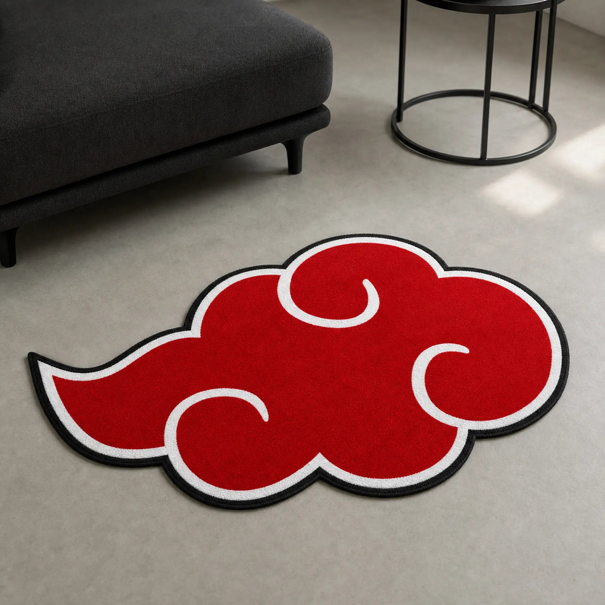 Naruto Akatsuki Cloud die-cut rug — red cloud emblem outlined in white on black, cut to the cloud silhouette with black edge binding