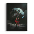 ORBITAL-ECHO — An astronaut in a red suit standing on a barren moon, gazing up at a derelict, framed wall art poster