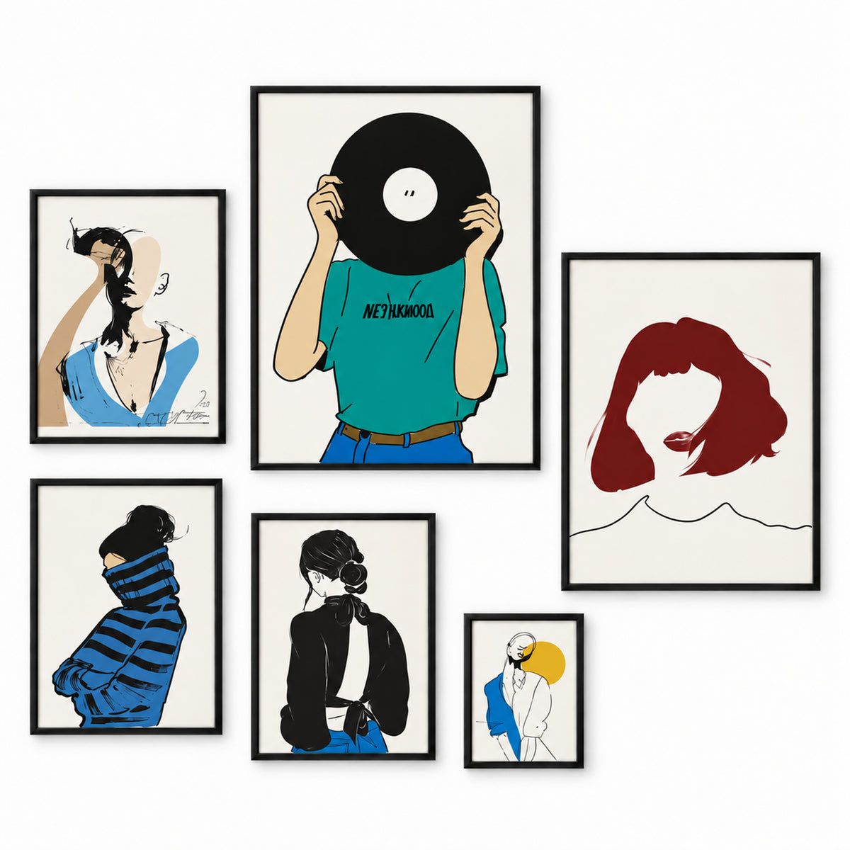 Offbeat Muse gallery of six black-framed fashion, portrait and vinyl-record prints in a staggered arrangement on a plain white background.