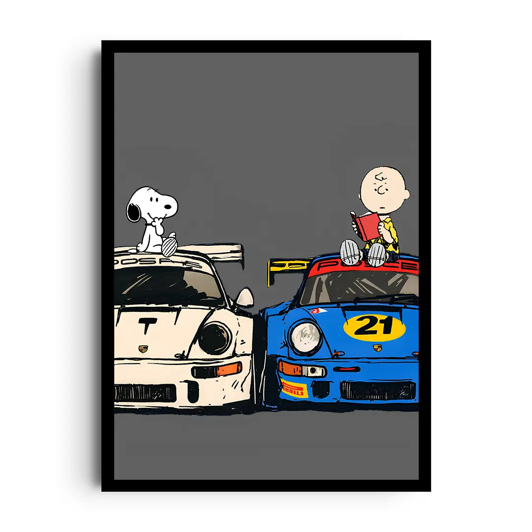 PEANUTS & PORSCHES — Playful Porsche-inspired car culture artwork, framed wall art poster
