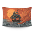 Pirate galleon mid-voyage with billowing sails and Jolly Roger flag against a stormy sea — LoudBorders wall tapestry.
