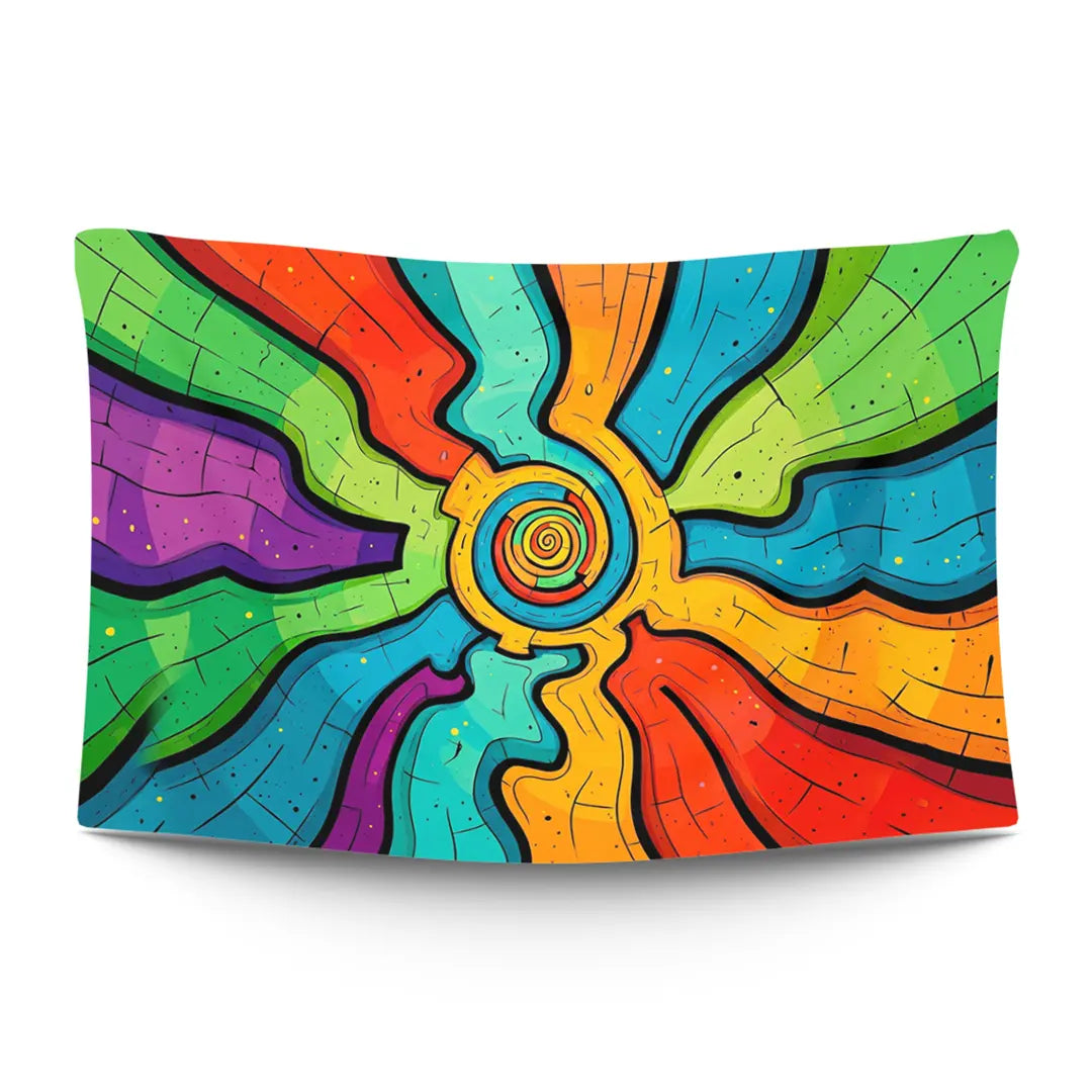 Psychedelic sun with orange-and-magenta spiraling rays against a deep violet sky — LoudBorders wall tapestry.