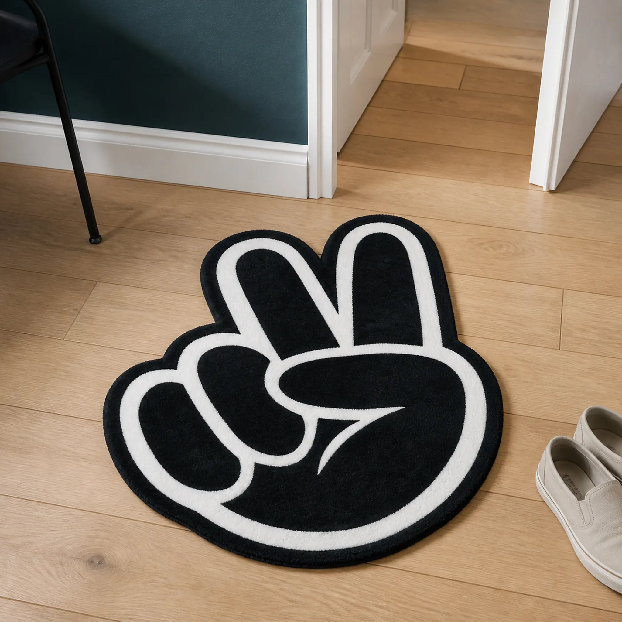 Peace Out die-cut rug — black and white peace sign hand with a thick outline, cut around every finger with black edge binding