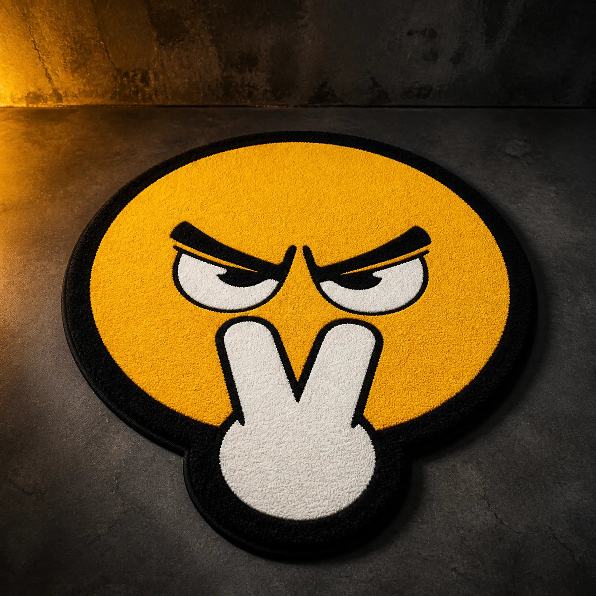 Peace sign smiley die-cut rug — yellow faux fur face with scowling eyebrows and a white two-finger peace sign, cut to shape with black edge binding