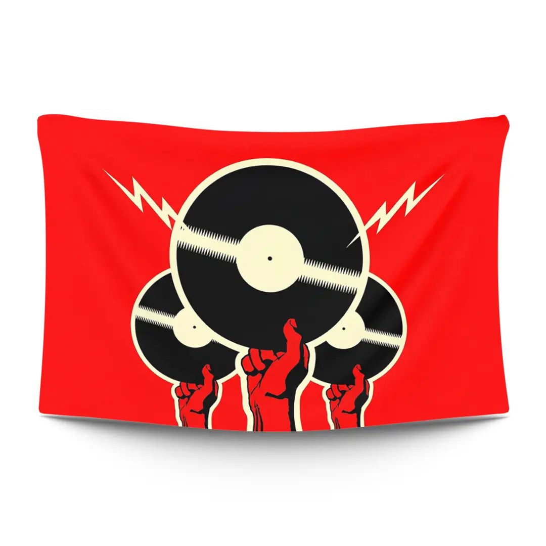 Vinyl records spilling across a wall in chaotic overlap — sleeves and labels in punk-flyer maximalism — LoudBorders wall tapestry.