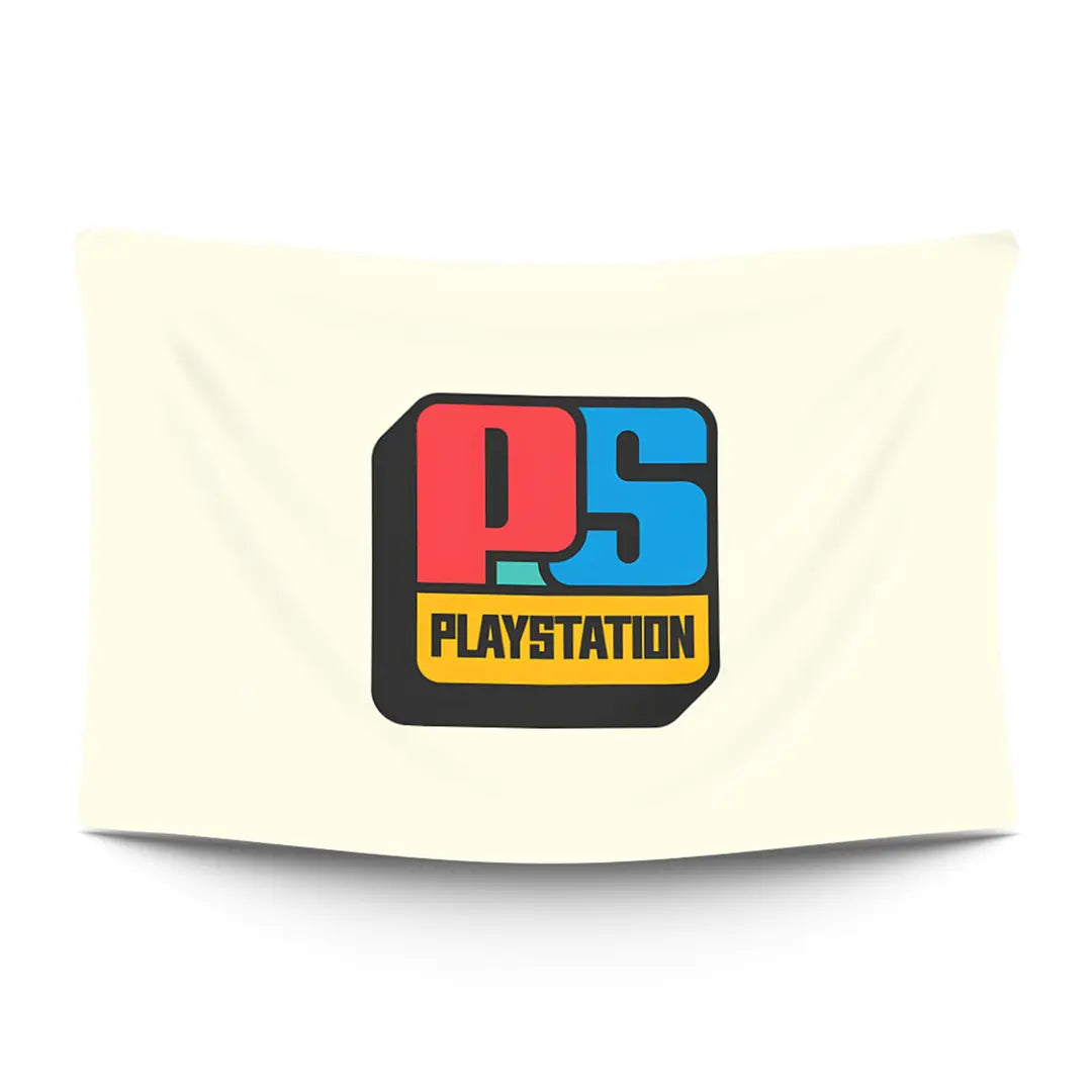 Original PlayStation iconography with gray chassis, four-symbol DualShock pad and rainbow-shine game disc — LoudBorders wall tapestry.