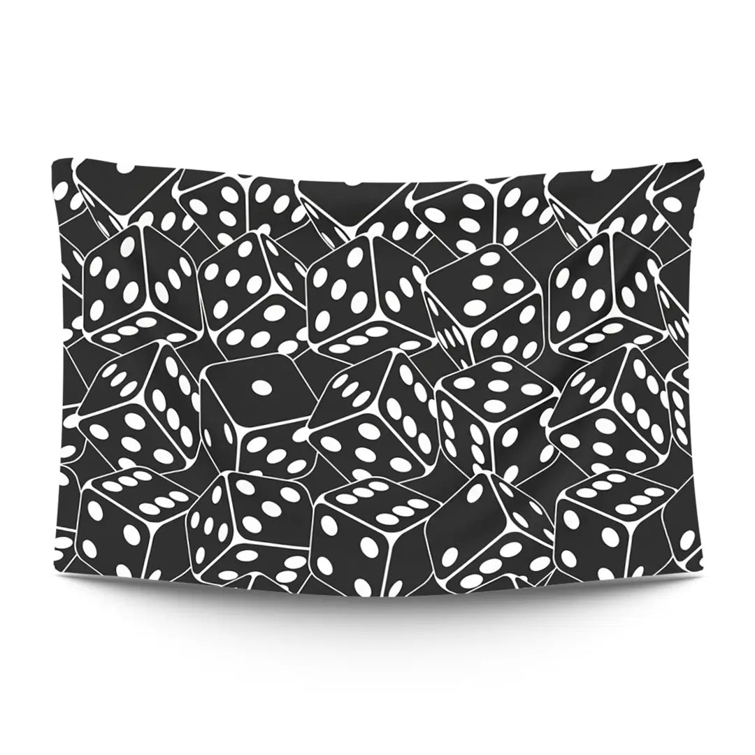 A scatter of polyhedral dice mid-tumble with numbered faces catching the light — LoudBorders wall tapestry.