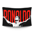 Cristiano Ronaldo mid-leap with arms wide in the iconic SIUUU goal celebration silhouette — LoudBorders wall tapestry.