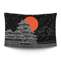 Samurai silhouette in the foreground with a tiered Japanese castle rising behind in inked stillness — LoudBorders wall tapestry.