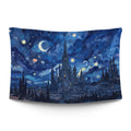 Hogwarts castle silhouette under a deep-blue starry night sky with warm gold tower lights — LoudBorders wall tapestry.