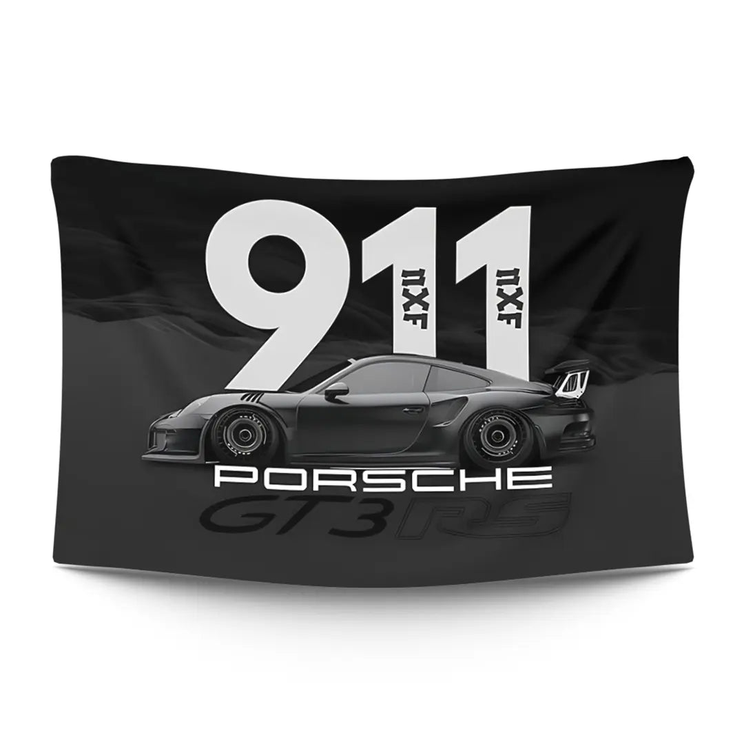 Stuttgart-bred Porsche RS silhouette with rear wing on an empty pit straight — LoudBorders wall tapestry.