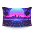 Miami skyline in synthwave style with neon pink horizon, mirror-grid ocean and palm silhouettes — LoudBorders wall tapestry.
