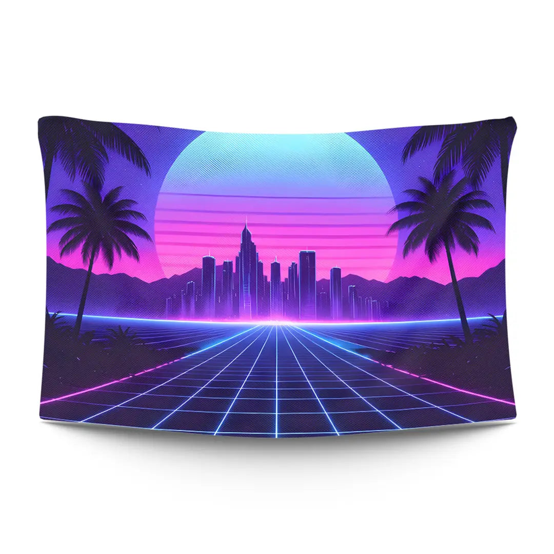 Miami skyline in synthwave style with neon pink horizon, mirror-grid ocean and palm silhouettes — LoudBorders wall tapestry.