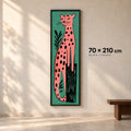 Pink Leopard on Teal — Tall Wall Art in a Black Wooden Frame