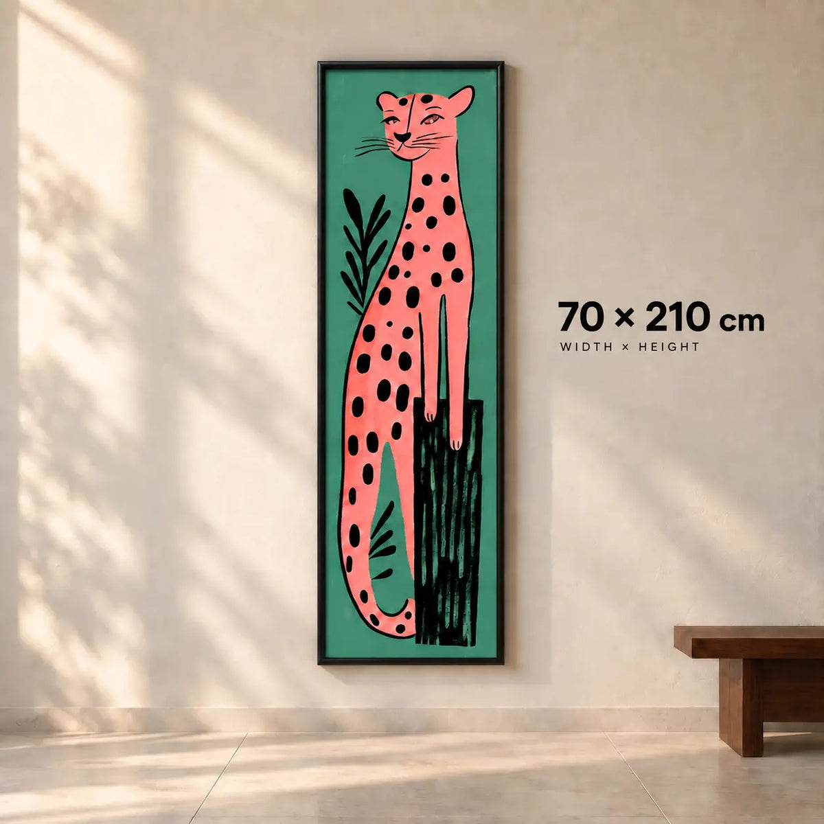 Pink Leopard on Teal — Tall Wall Art in a Black Wooden Frame