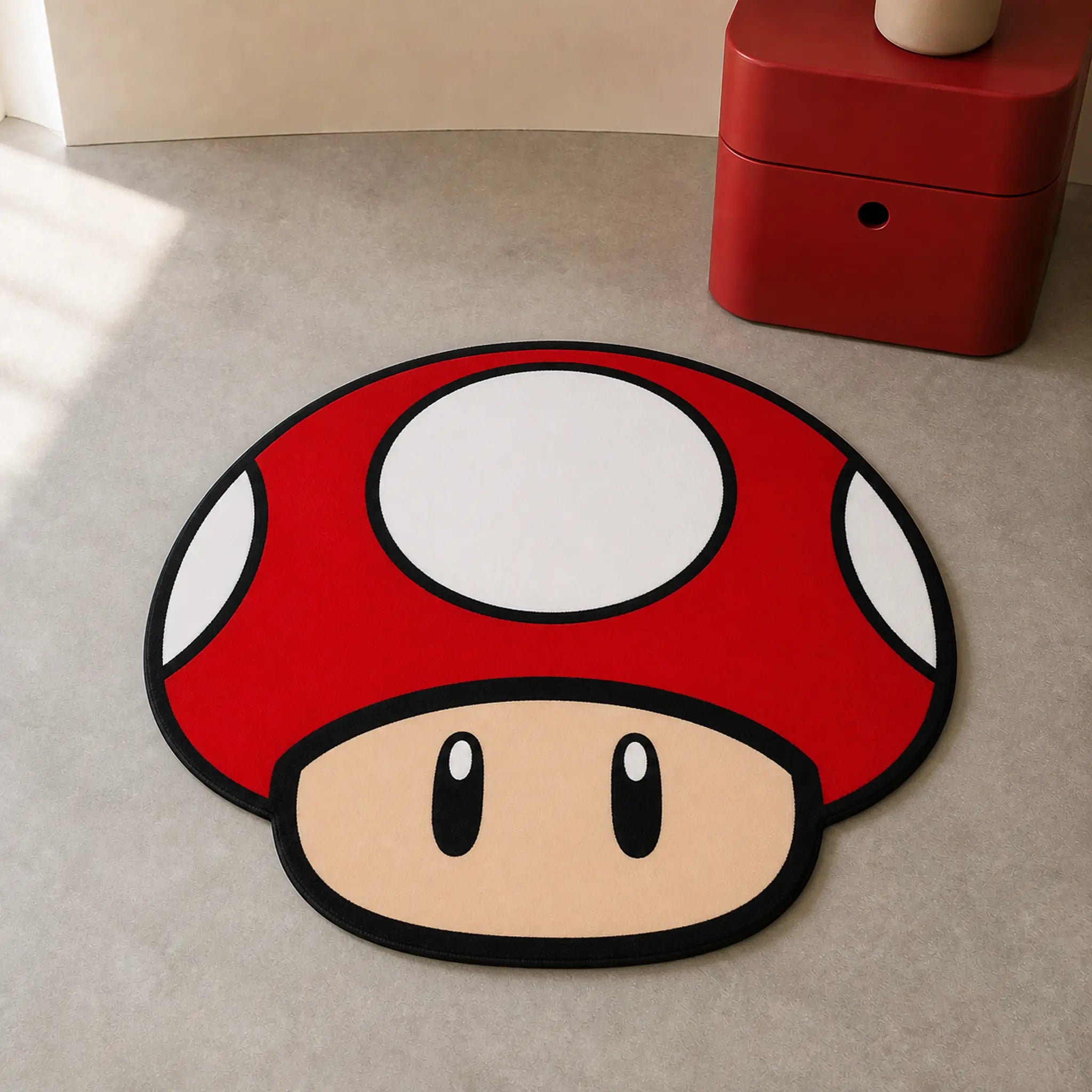 Super Mario power-up mushroom die-cut rug — red cap with white spots and a cream face, cut to the mushroom silhouette with black edge binding