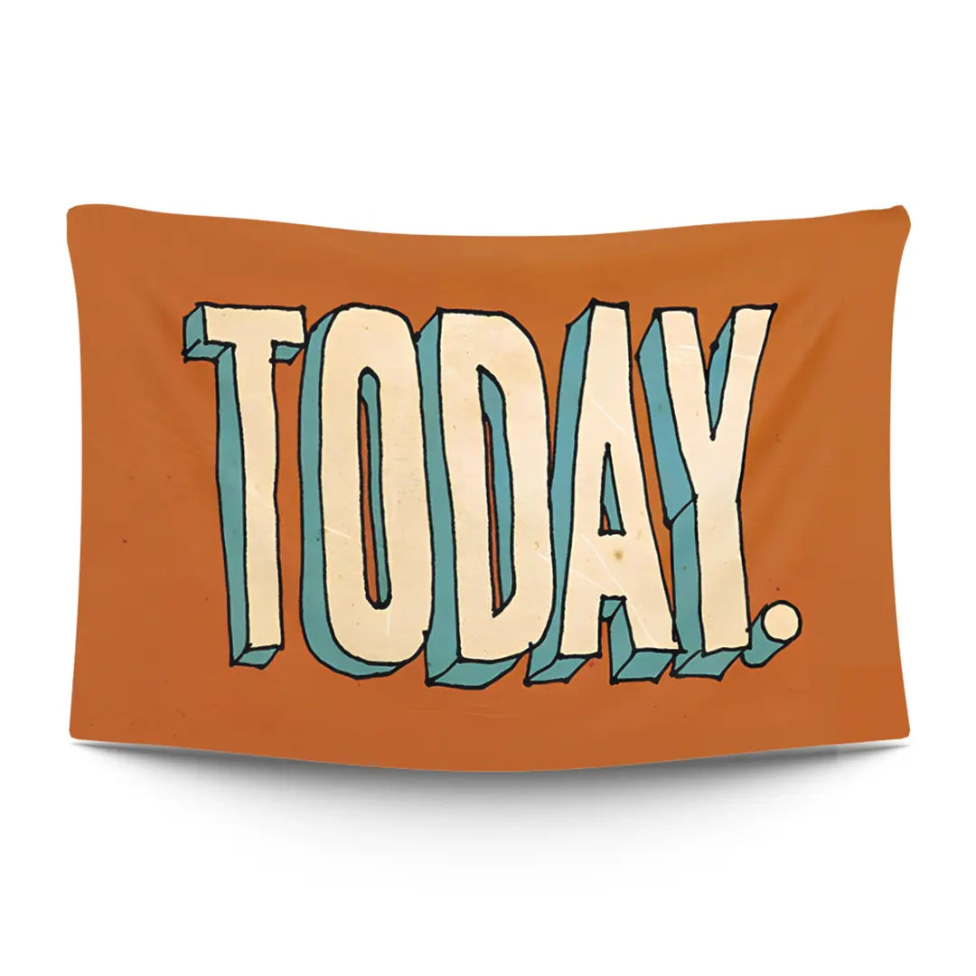Bold ‘TODAY.’ single-word typographic statement in stark light type on a moody dark backdrop — LoudBorders wall tapestry.