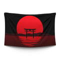 Japanese torii gate silhouette against a glowing red sun and ink-black mountains — LoudBorders wall tapestry.