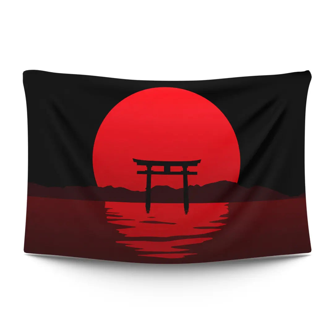 Japanese torii gate silhouette against a glowing red sun and ink-black mountains — LoudBorders wall tapestry.